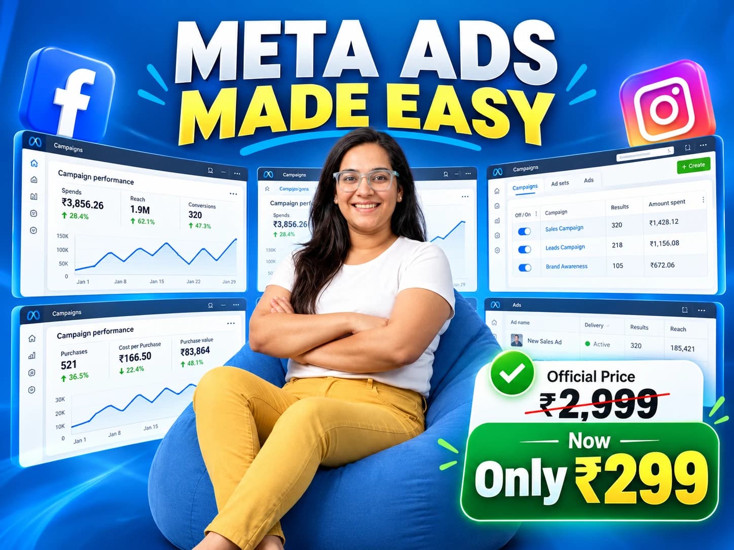 Meta Ads Made Easy course cover featuring Damini Tripathi, with ₹2,999 reference price and ₹299 offer price